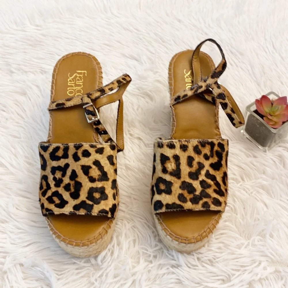 Franco Sarto TULA Animal print fur platform espadrille sandals wedges women 7.5